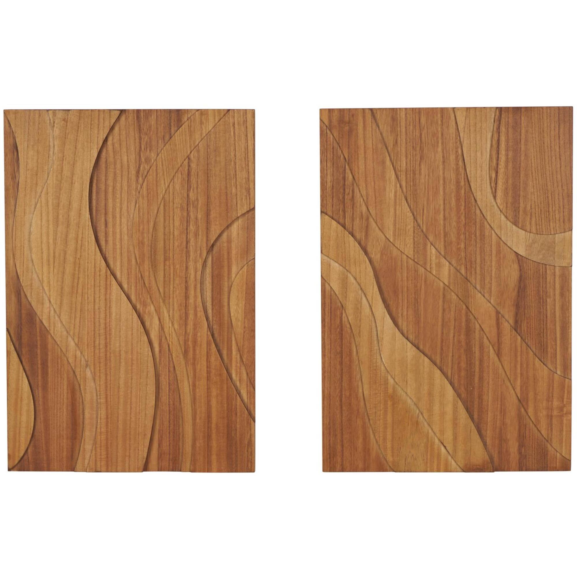 Brown Wooden Abstract Wavy Carved Wall Décor Set